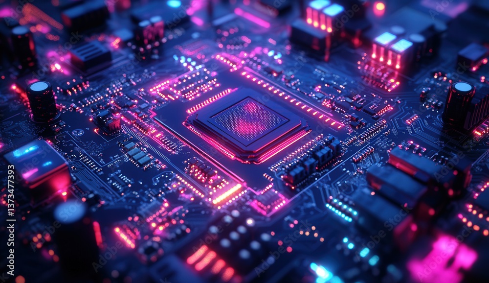 Obraz premium Close-up of an illuminated microchip on a circuit board with vibrant blue and pink lights.