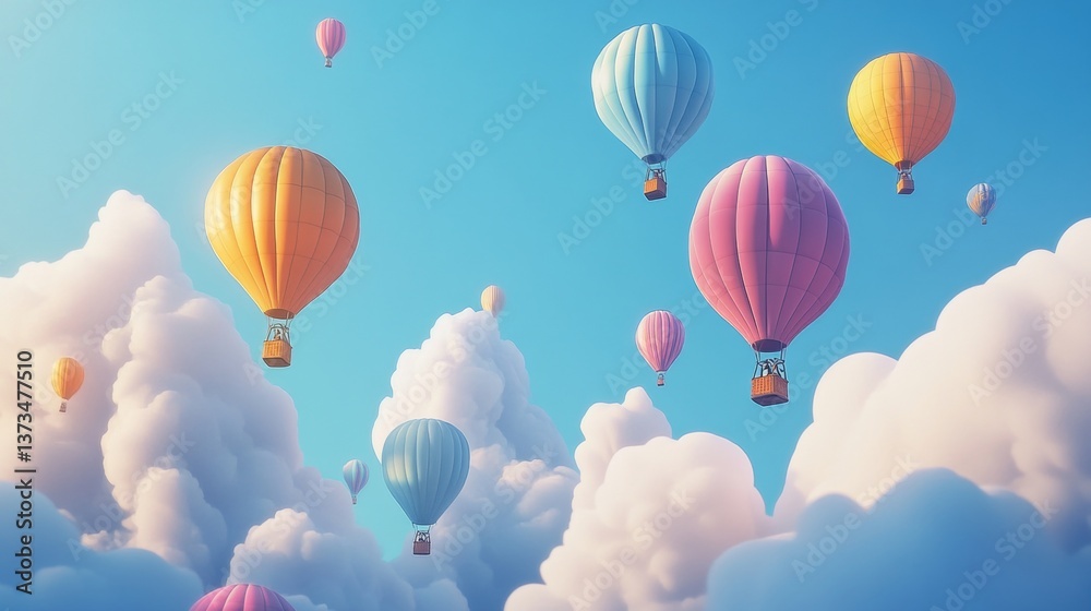 Fototapeta premium Vibrant hot air balloons soaring against a clear blue sky in a picturesque scene