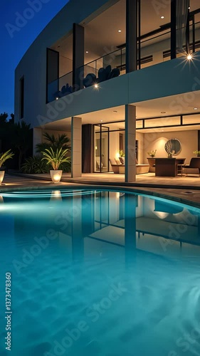 Modern house with illuminated pool at night against serene backdrop  
