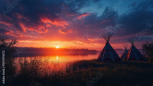 Fototapeta Naklejka Na Ścianę i Meble -  Stunning sunset over a serene lake with two traditional teepees silhouetted against the vibrant sky.