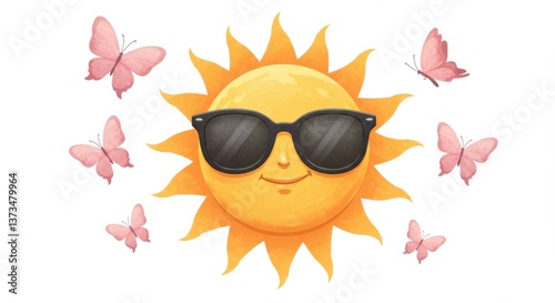 Sun with Sunglasses and Orange Butterflies