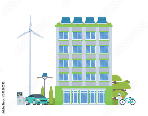 Green Sustainable Office Building with Solar Panels and Wind Turbines, Eco-Friendly Concept City Element. Vector illustration