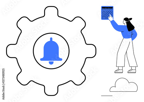 Gear with notification bell, woman interacting with calculator, minimal elements. Ideal for productivity, alerts, organization, workflow, technology efficiency task management. Flat simple metaphor