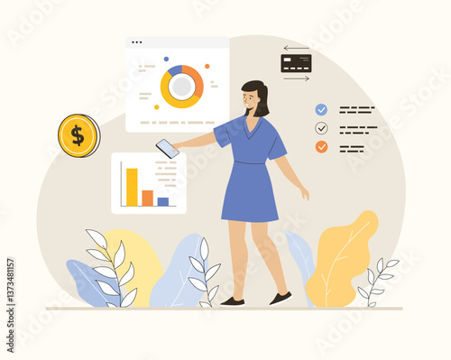 Virtual finance. Data science. Woman making research of statistics and analyzes datum at web pages. Flat vector illustration.