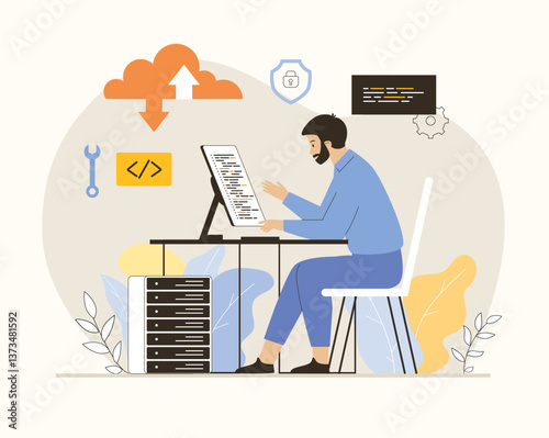 SaaS concept, Software as a service. Cloud computing and storage, online subscription to programs. Flat vector illustration.