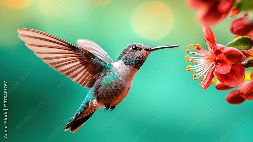 Fototapeta premium Wing Hummingbird hovering mid air with its wings beating rapidly near a flower.