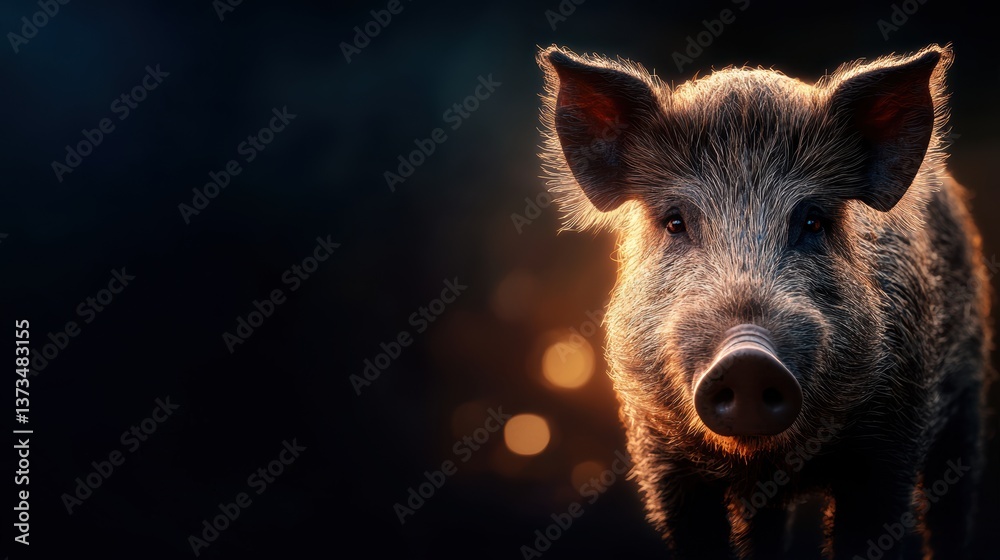 Devil A wild boar with menacing tusks standing in the shadows. Devil A wild boar with menacing tusks standing in the shadows.