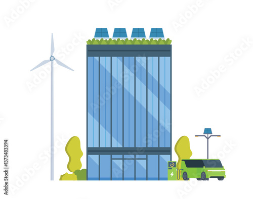 Green Sustainable Office Building with Solar Panels and Wind Turbines, Eco-Friendly Concept City Element. Vector illustration