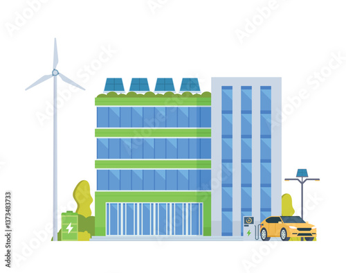 Green Sustainable Office Building with Solar Panels and Wind Turbines, Eco-Friendly Concept City Element. Vector illustration