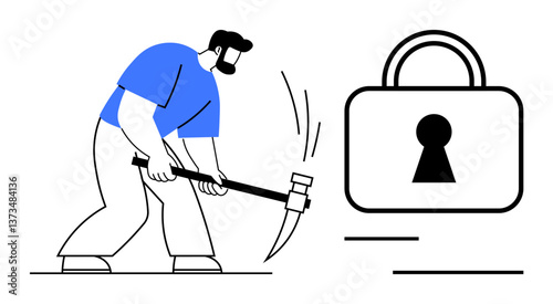 Person with a pickaxe striking a large padlock, symbolizing an attempt to break security. Ideal for cybersecurity, hacking, data breach, security threats, privacy, hacking illustration. Line metaphor