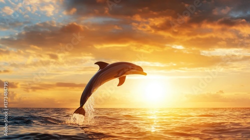 Mammal Dolphin leaping out of the ocean under a golden sunset.