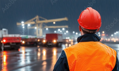 A construction worker in safety gear observing a busy transport hub at night, illuminated by industrial lights.