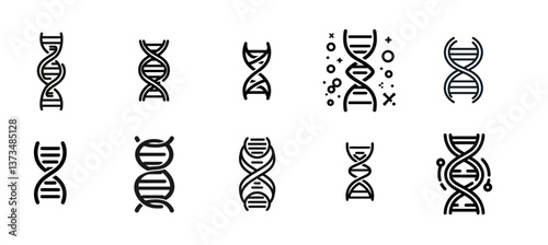 DNA helix icon set in minimal black outline style on transparent background	