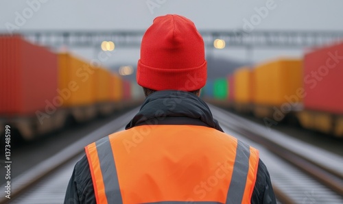 A railway worker in a safety vest and red hat oversees the train yard, ensuring smooth operations amidst colorful cargo containers.