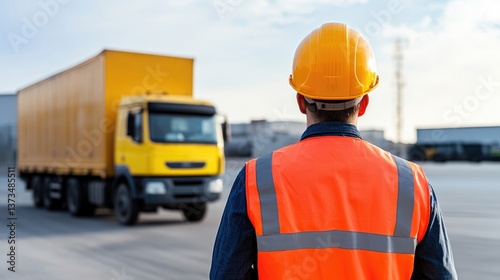 A worker in a safety vest and helmet observes a truck in a logistics yard, illustrating the importance of safety in transportation.
