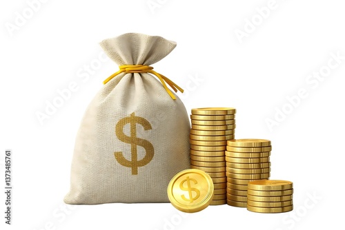 Money bag with dollar sign and stacks of gold coins. 3D render with soft lighting