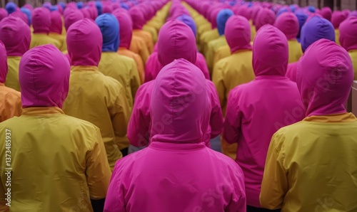 Colorful gathering of individuals wearing distinct hooded garments, showcasing unity and diversity in a vibrant atmosphere.
