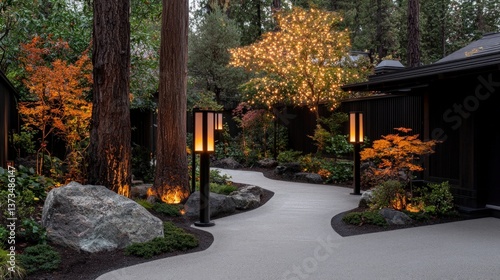 Serene Evening Garden Path  Tranquil Landscape Design with Lights