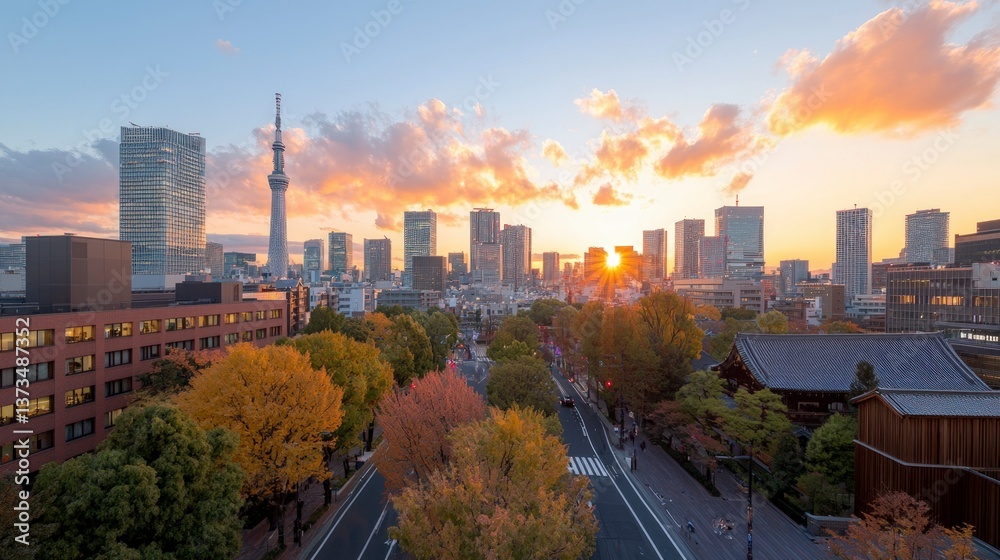 Obraz premium Tokyo Skyline Sunset Skyscrapers Autumn Trees Cityscape Panorama