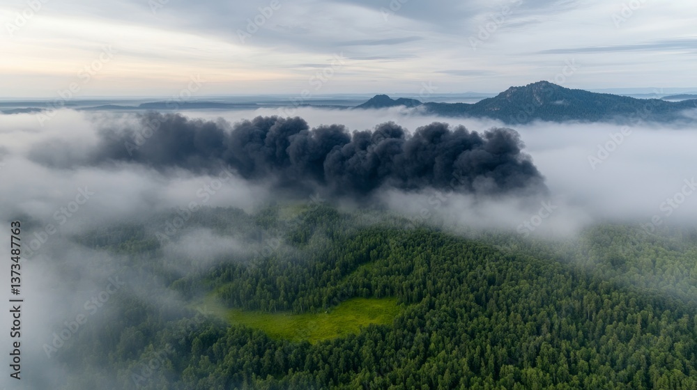 Obraz premium Aerial View Dark Smoke Pollution over Forest Environmental Disaster