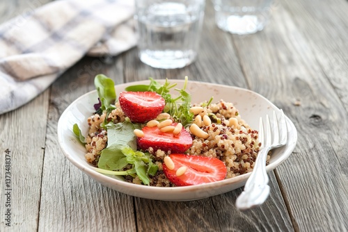 Quinoa salad with strawberries, pine nuts and greens