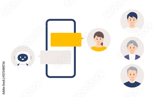 スマホでAIとチャットする若い女性（差し替え用のアイコンセット）【人物ベクターイラスト素材】
