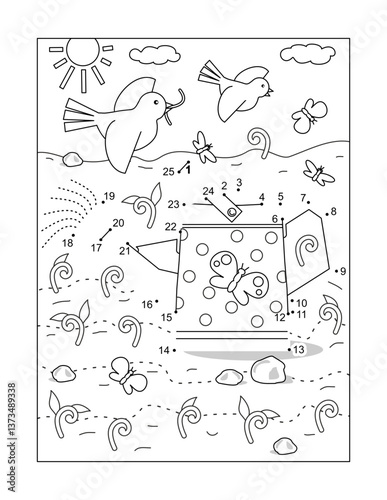 Watering can dot-to-dot activity sheet and coloring page with young sprouts, birds, moth, butterflies
