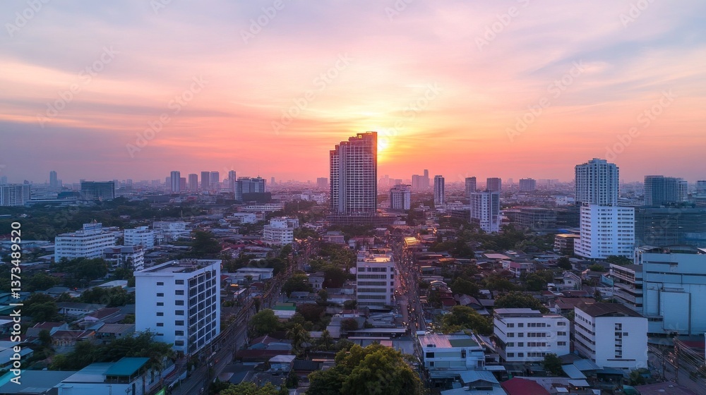 Obraz premium Stunning sunset over urban landscape cityscape photography vibrant environment aerial view nature's beauty amidst concrete jungle