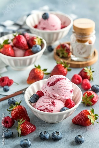 Wallpaper Mural Strawberry cheesecake ice cream in white bowls with fresh berries Torontodigital.ca