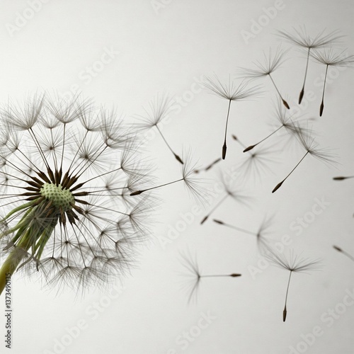 white dandelion seeds floating in the air against a white background
