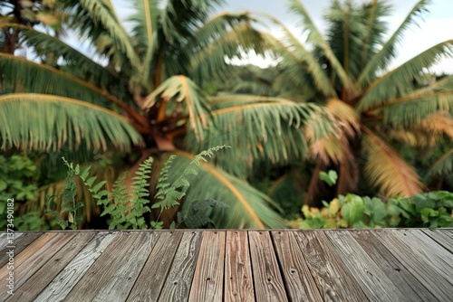 Wooden table with blur oil palm plantation with fern