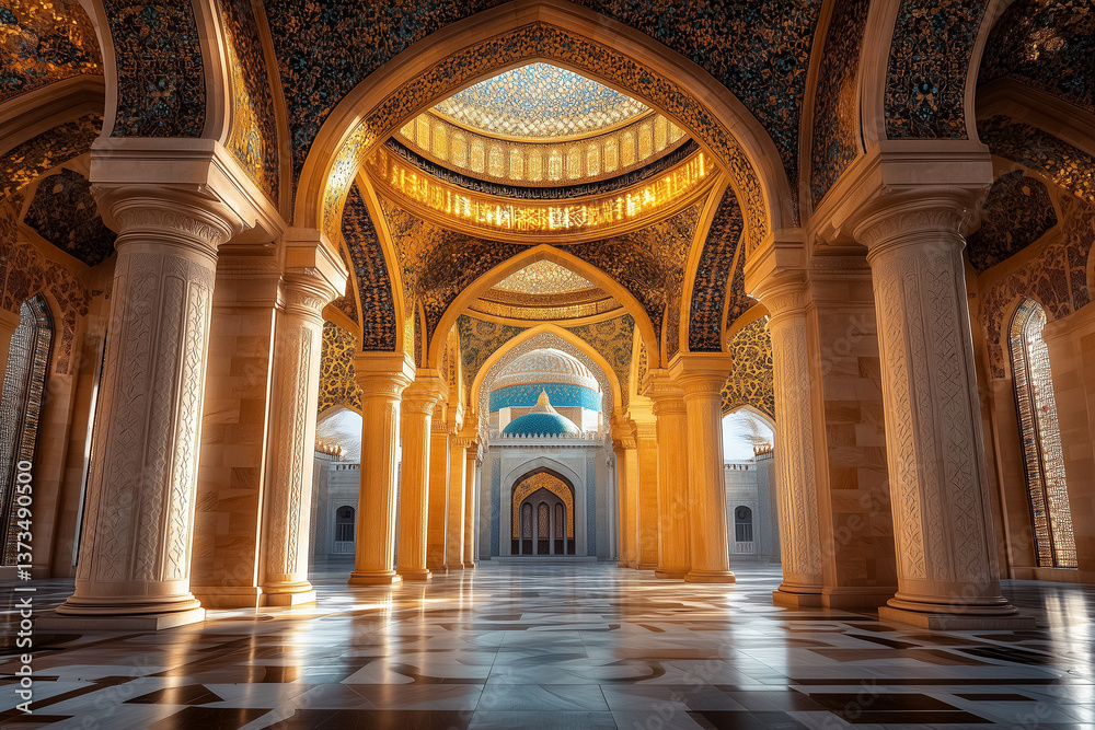 Obraz premium Grand mosque interior with arched columns, blue and gold ceiling mosaics, and polished marble floors reflecting sunlight. Concept Islamic architecture, cultural heritage, sacred design
