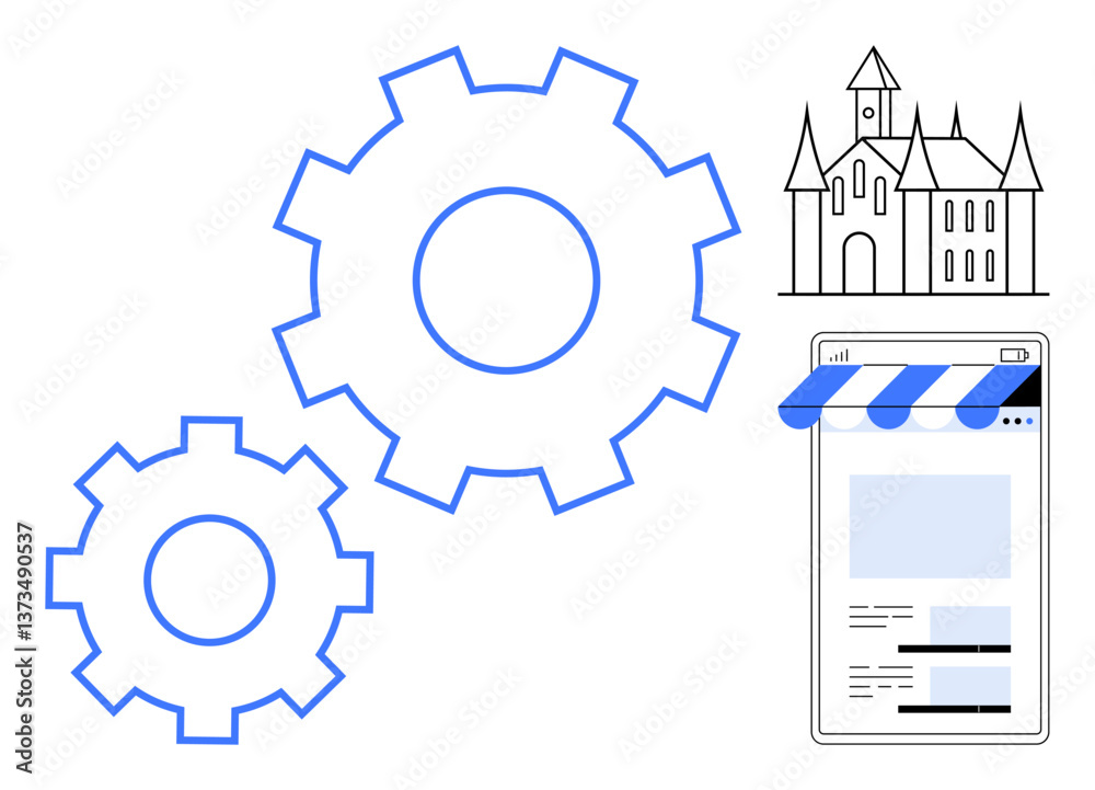 Interconnected gears, mobile storefront UI, and castle outline representing system operation, innovation, creativity. Ideal for web development, technology, e-commerce, business engineering user Interconnected gears, mobile storefront UI, and castle outline representing system operation, innovation, creativity. Ideal for web development, technology, e-commerce, business engineering user