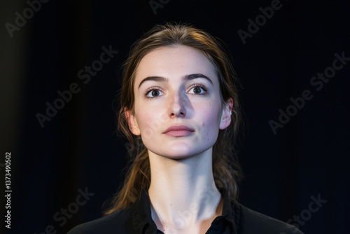 woman performing monologue on stage, close up with dramatic lighting and intense expression