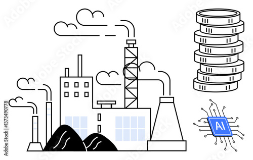 Factory emitting smoke, piles of coal, economic coin stacks, and AI chip representing tech-driven industrial growth. Ideal for technology, industry, economy, AI, sustainability innovation