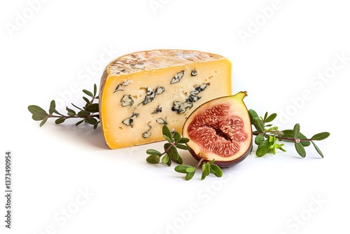 Maasdam cheese with fig and herbs on white background