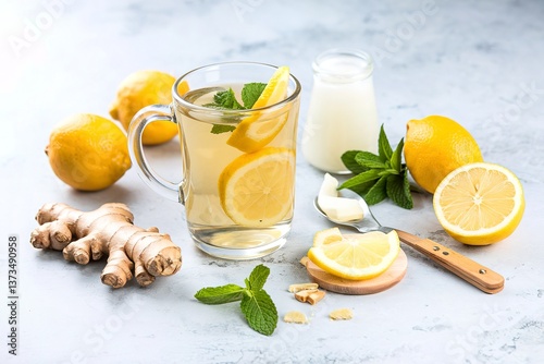 Ginger tea with lemon and mint in glass mug with ingredients