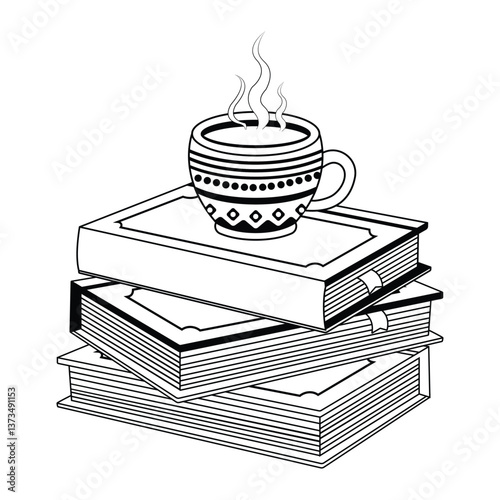 A cup of coffee or tea on pile of books. Reading and drinking coffee. Coloring book for adult and other decorations. 