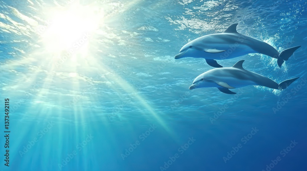 Fototapeta premium Dolphin A mother dolphin and her calf swimming together in the open ocean.