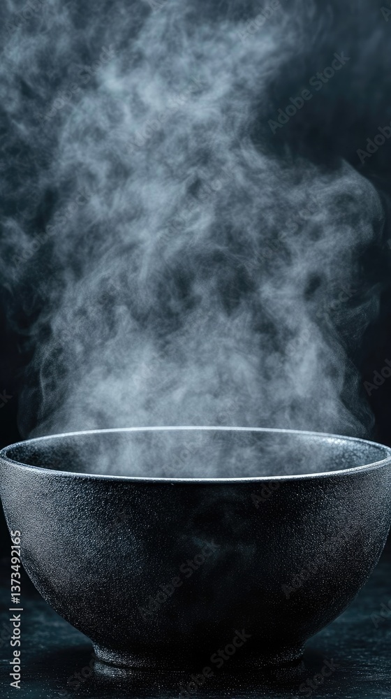 Dark bowl with rising steam. Deep colors, atmospheric effect Dark bowl with rising steam. Deep colors, atmospheric effect