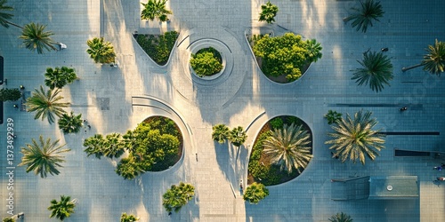 Fototapeta Naklejka Na Ścianę i Meble -  Modern urban park design with palm trees in saudi arabia, aerial view