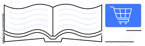 Open book with flowing pages alongside a blue shopping cart badge signifying online purchase. Ideal for education, e-commerce, digital learning, knowledge sharing, online bookstore, reading habits