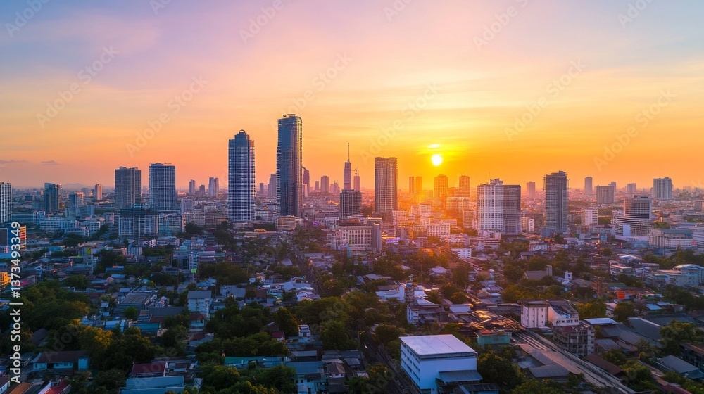 Obraz premium Sunset cityscape urban landscape aerial view bangkok thailand vibrant atmosphere modern architecture