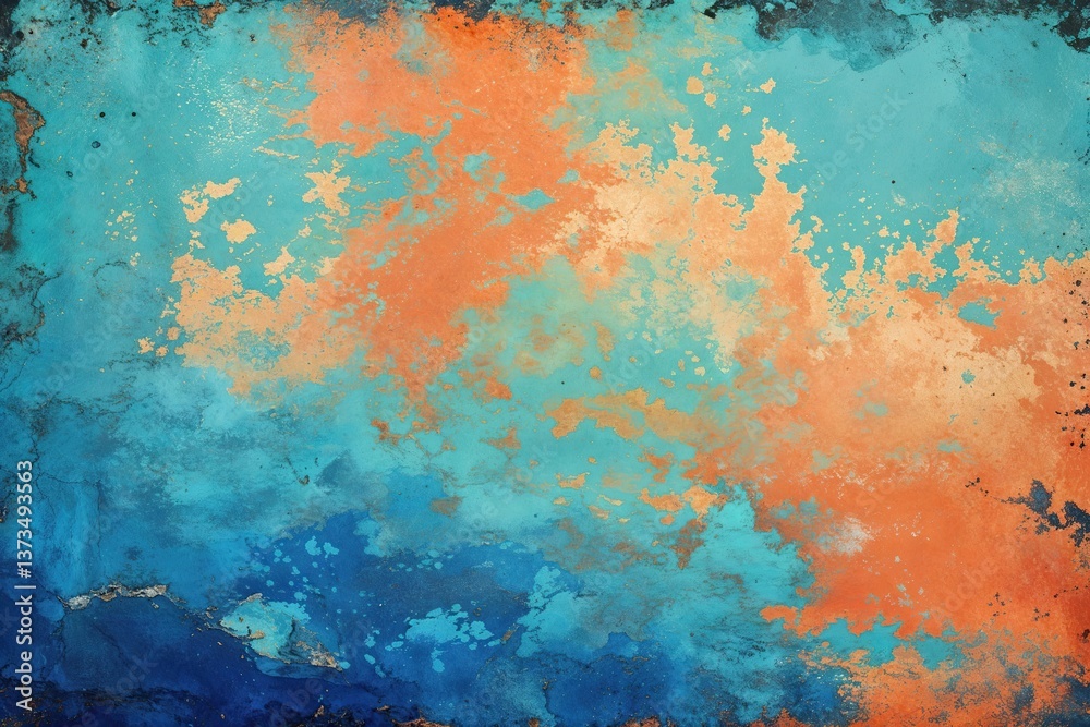 Vibrant Aged Horizontal Background in Medium Turquoise Pastel Orange and Royal Blue