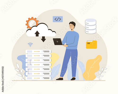 SaaS concept, Software as a service. Cloud computing and storage, online subscription to programs. Flat vector illustration.
