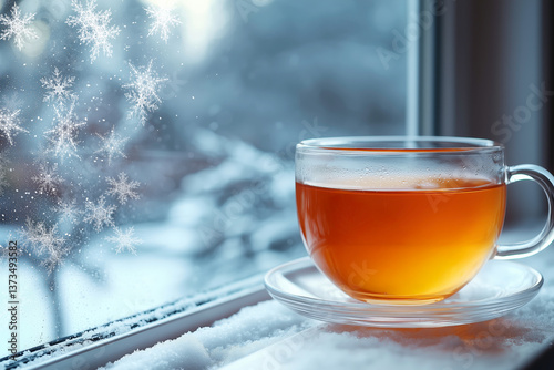 A steaming glass cup of black tea by a snowy window with visible snowflakes