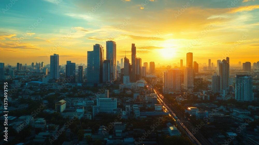 Fototapeta premium Sunset cityscape action over skyscrapers urban environment aerial view modern architecture concept