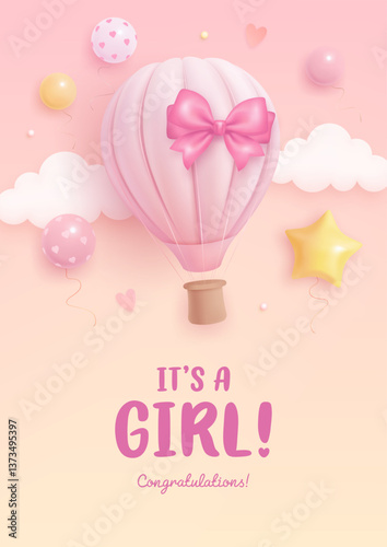 Baby shower invitation design template with 3d cartoon hot air balloon, helium balloons and clouds. It's a girl. Baby girl greeting card. Baby birth banner. Vector illustration