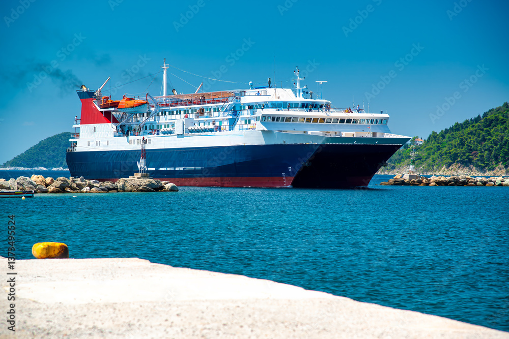 Ferry arriving at Skopelos Island with stunning blue sea and scenic coastline