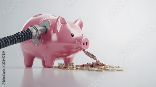 Financial concept of rising gas prices: Piggy bank squeezed by gas pump hose with coin